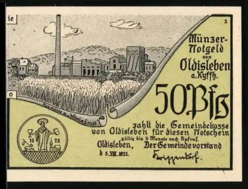 Notgeld Oldisleben a. Kyffh. 1921, 50 Pf, Industrielandschaft und Bauern mit Münzer