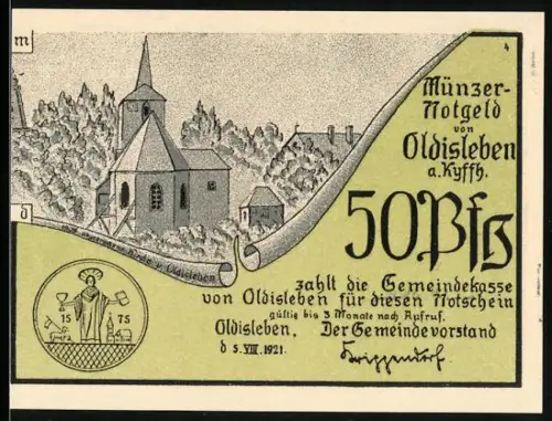 Notgeld Oldisleben a. Kyffh. 1921, 50 Pf, Kirche und Bauern mit Pferdewagen auf dem Weg nach Beichlingen