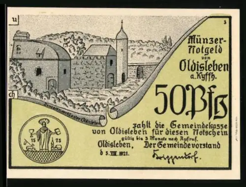 Notgeld Oldisleben a. Kyffh. 1921, 50 Pf, Kloster und Bauernplünderung