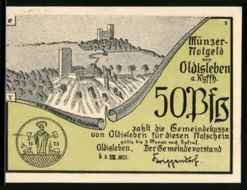 Notgeld Oldisleben a. Kyffh. 1921, 50 Pf, Burgruine und Bauernsschlacht-Motiv