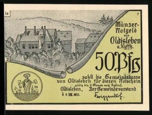 Notgeld Oldisleben a. Kyffh. 1921, 50 Pf, Klosteransicht und Thomas Müntzers Gefangennahme