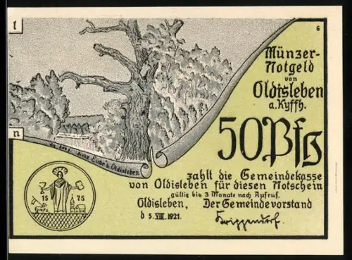 Notgeld Oldisleben a. Kyffh. 1921, 50 Pf, Baum und fliehende Bauern bei Frankenhausen