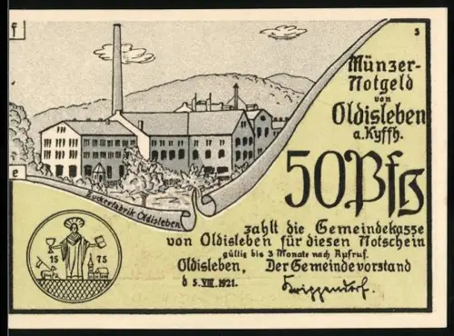 Notgeld Oldisleben a. Kyffh. 1921, 50 Pf, Zuckerfabrik und Bauernschlacht