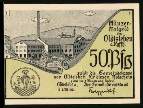 Notgeld Oldisleben a. Kyffh. 1921, 50 Pf, Zuckerfabrik und Münztransport mit Pferdekarren