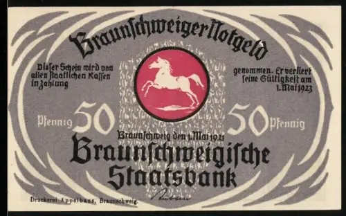 Notgeld Braunschweig 1921, 50 Pfennig, springendes Pferd und Altstadtmarkt mit Figuren und Gebäuden