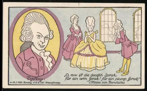 Notgeld Braunschweig 1921, 10 Pf, Porträt von Lessing und Szene aus Minna von Barnhelm, Buch mit Wappen