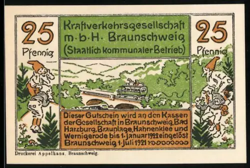 Notgeld Braunschweig 1921, 25 Pfennig, Busfahrt durch Wald mit Riesenfigur Der wilde Mann