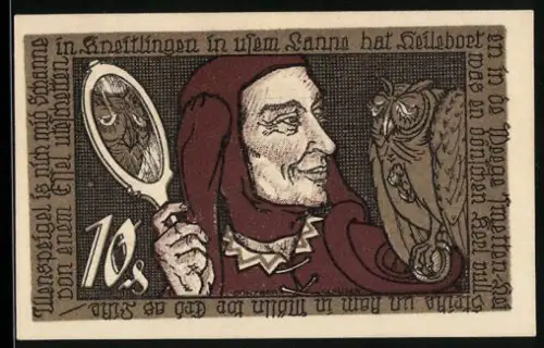 Notgeld Braunschweig 1921, 10 Pfennig, Eulenspiegel mit Eule und Pferd im Wappen