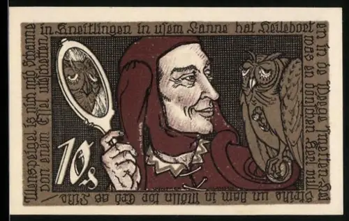 Notgeld Braunschweig 1921, 10 Pf, Eulenspiegel mit Eule und Spiegel, springendes Pferd und Wappen