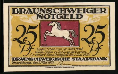 Notgeld Braunschweig 1921, 25 Pf, springendes Pferd und Till Eulenspiegel mit Eulen