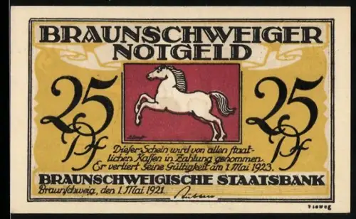 Notgeld Braunschweig 1921, 25 Pf, springendes Pferd und Till Eulenspiegel mit Tieren