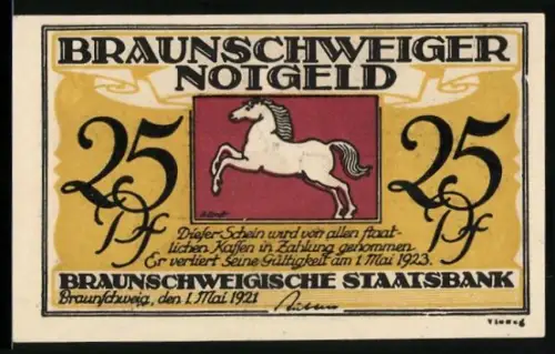 Notgeld Braunschweig 1921, 25 Pf, springendes Pferd und Till Eulenspiegel mit Eulen und Eichhörnchen