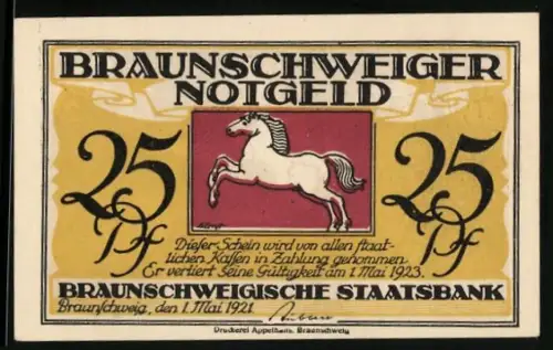 Notgeld Braunschweig 1921, 25 Pfennig, springendes Pferd und Till Eulenspiegel mit Tieren