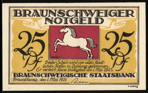 Notgeld Braunschweig 1921, 25 Pf, springendes Pferd und Braunschweiger Löwe mit Statuen