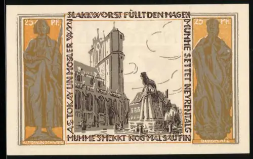 Notgeld Braunschweig 1921, 25 Pf, Braunschweiger Löwe und Reiter mit Schriftzügen