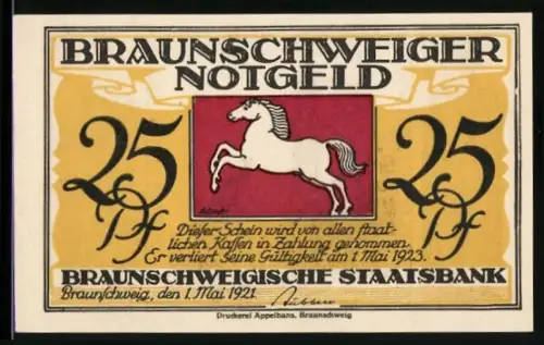 Notgeld Braunschweig 1921, 25 Pf, springendes Pferd und Braunschweiger Löwe mit Marktszene