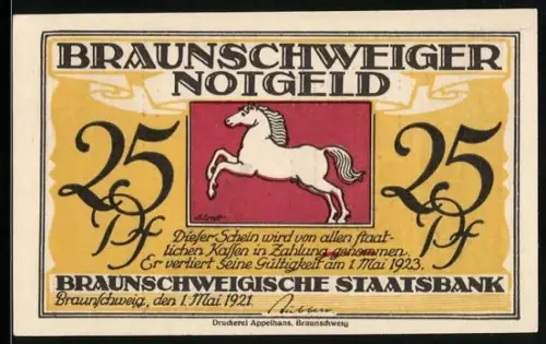 Notgeld Braunschweig 1921, 25 Pf, springendes Pferd und historisches Stadtbild mit Löwenstatue