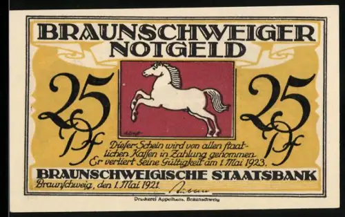 Notgeld Braunschweig 1921, 25 Pf, springendes Pferd und Kurhaus Bad Harzburg