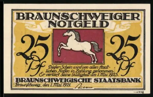 Notgeld Braunschweig 1921, 25 Pf, Pferd und Schloss Blankenburg im Harz