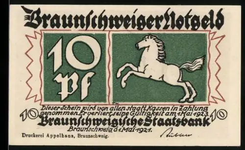 Notgeld Braunschweig 1921, 10 Pf, springendes Pferd und Eulenspiegel mit Spiegel und Eule