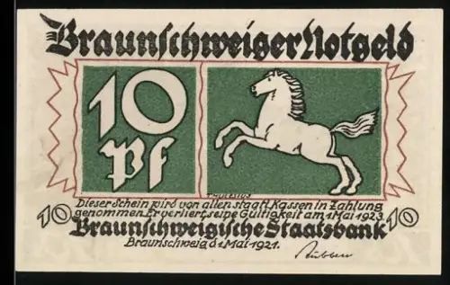 Notgeld Braunschweig 1921, 10 Pf, springendes Pferd und Fahrt in die Berge mit Auto