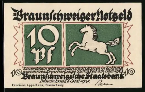 Notgeld Braunschweig 1921, 10 Pfennig, galoppierendes Pferd und Ortsansicht von Braunschweig