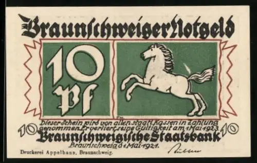 Notgeld Braunschweig 1921, 10 Pf, springendes Pferd und Ortsansicht mit Spruchband