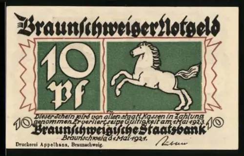 Notgeld Braunschweig 1921, 10 Pf, springendes Pferd und Ortsansicht von Blankenburg am Harz