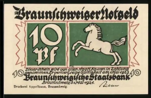 Notgeld Braunschweig 1921, 10 Pf, Pferd und Ortsansicht mit Gedicht