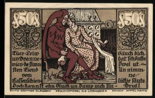 Notgeld Braunschweig 1923, 50 Pfennig, Eulenspiegel als Liebhaber, Pferd im Wappen