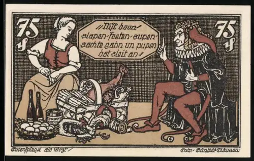 Notgeld Braunschweig 1921, 75 Pf, Frau mit Korb und Hofnarr, Pferd auf rotem Hintergrund