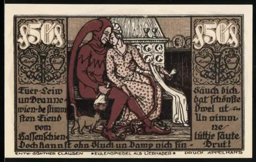 Notgeld Braunschweig 1921, 50 Pfennig, Eulenspiegel als Liebhaber und Pferd im Wappen