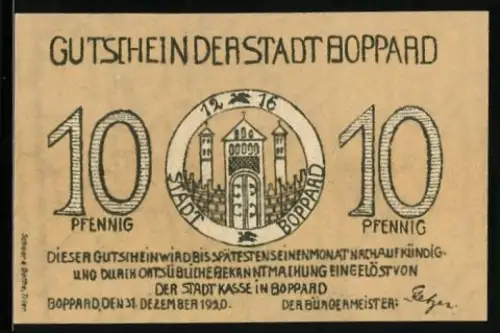Notgeld Boppard 1920, 10 Pfennig, Stadttor und Bäume