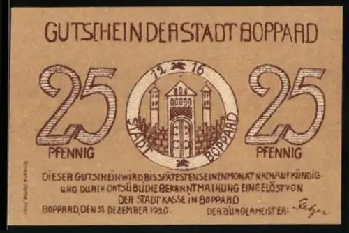Notgeld Boppard 1920, 25 Pfennig, Stadtwappen und Burgturm mit Landschaft