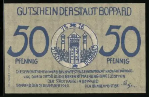 Notgeld Boppard 1920, 50 Pfennig, Stadtwappen und Ortsansicht mit Münzreihe