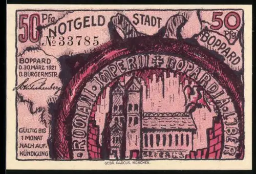 Notgeld Boppard 1921, 50 Pfennig, Ortsansicht und Wappen mit historischen Figuren