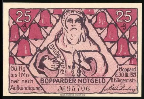 Notgeld Boppard 1921, 25 Pfennig, Biedermeier-Tracht und Spruch über Glück und Unglück