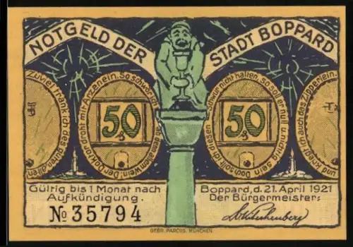 Notgeld Boppard 1921, 50 Pfennig, Brunnenfigur und tanzende Figuren am Rhein