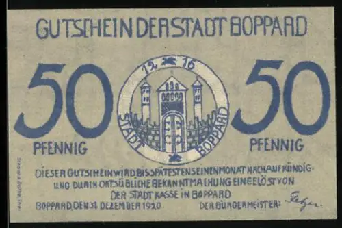 Notgeld Boppard 1920, 50 Pfennig, Stadtwappen und Flusslandschaft mit Ortsansicht