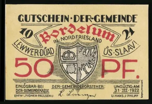 Notgeld Bordelum in Nordfriesland 1922, 50 Pf, Wappen und Bauernhaus in Nordfriesland