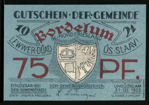Notgeld Bordelum in Nordfriesland 1922, 75 Pf, Wappen und friesisches Haus mit Bäumen
