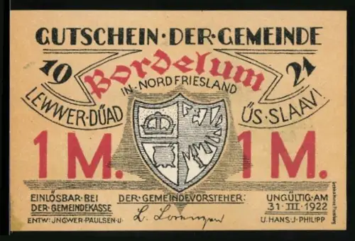 Notgeld Bordelum in Nordfriesland 1922, 1 Mark, Wappen und Windmühle mit Häusern