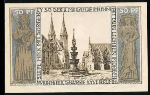 Notgeld Braunschweig 1923, 50 Pfennig, Altstadtmarkt mit Figur und Pferd im Wappen