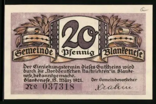 Notgeld Blankenese 1921, 20 Pfennig, Ortsansicht und maritime Szene mit Segelschiff und Dampfer