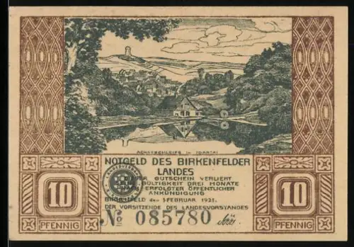 Notgeld Birkenfeld 1921, 10 Pfennig, Landschaft mit Fluss und Gedicht mit Zwerg und Werkzeugen