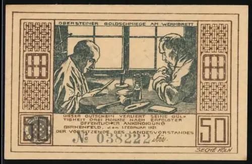 Notgeld Birkenfeld 1921, 50 Pfennig, Goldschmiede am Werkbrett und Oberstein mit Burgansicht