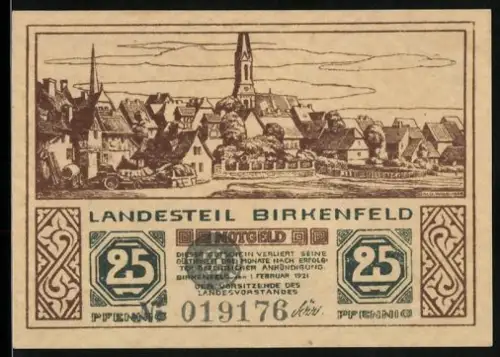 Notgeld Birkenfeld 1921, 25 Pfennig, Ortsansicht und Hirsch im Hochwald
