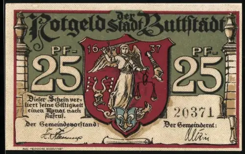 Notgeld Buttstädt, 25 Pf, Ortsansicht und Wappen mit Engel und Jahreszahl 1637