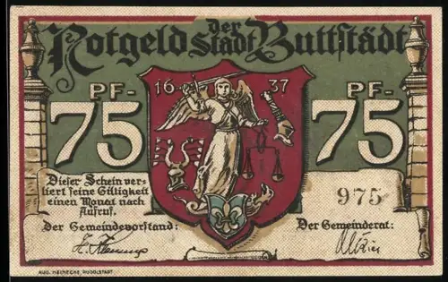 Notgeld Buttstädt, 75 Pfennig, Wappen mit Justitia und Buttstädter Pferdemarkt