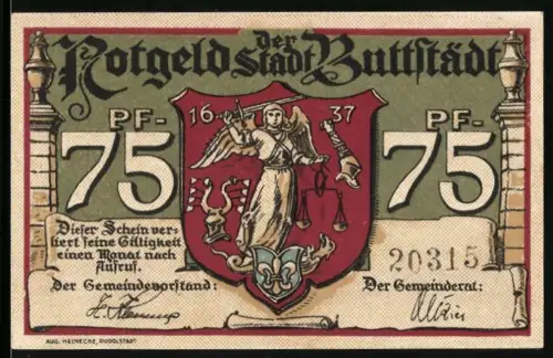 Notgeld Buttstädt, 75 Pf, Wappen mit Engel und Ochsenmarkt-Szene von 1621